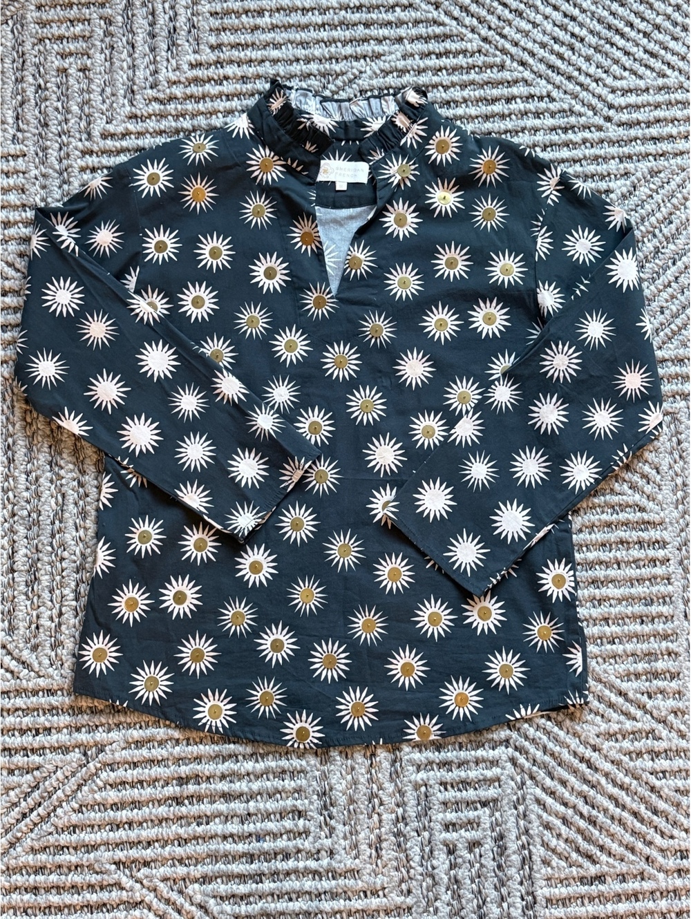 Sheridan French Women's Black Cotton Blouse with Sunflower Print, Size M